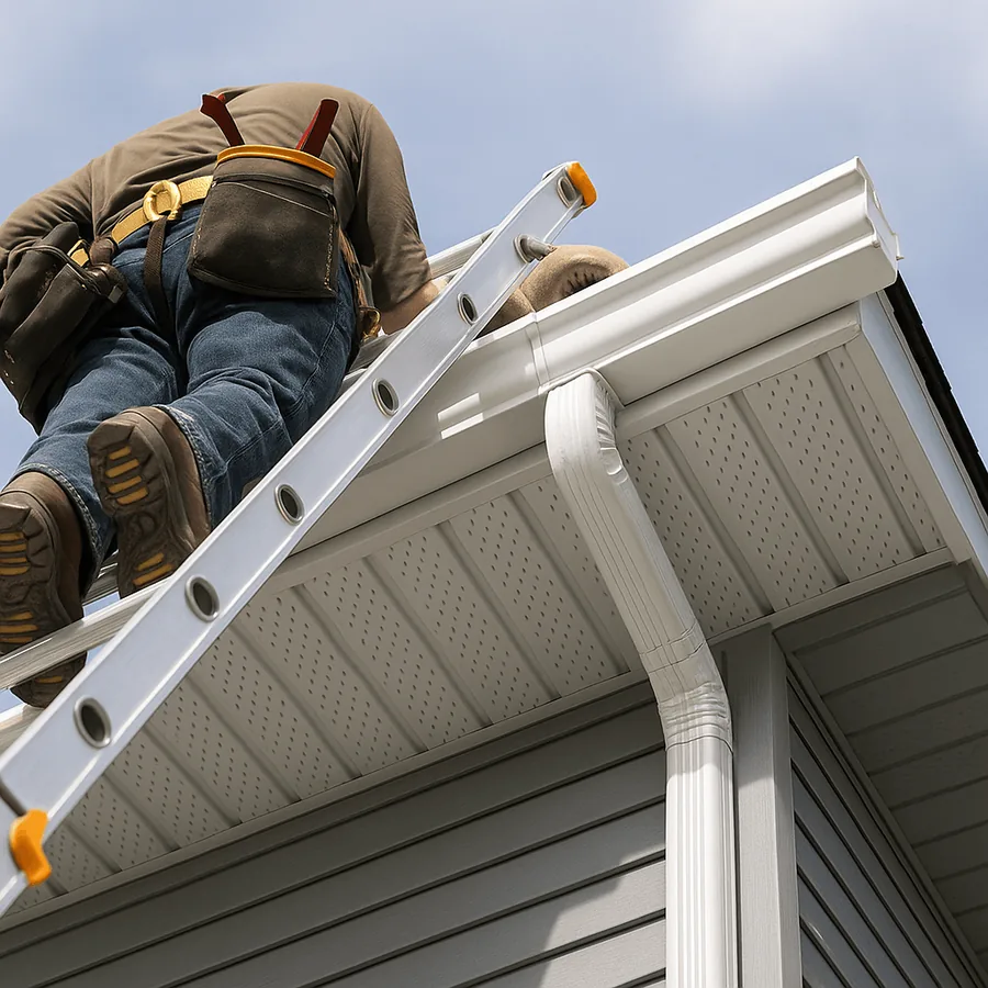 Contractor on a ladder installing gutters and downspout
