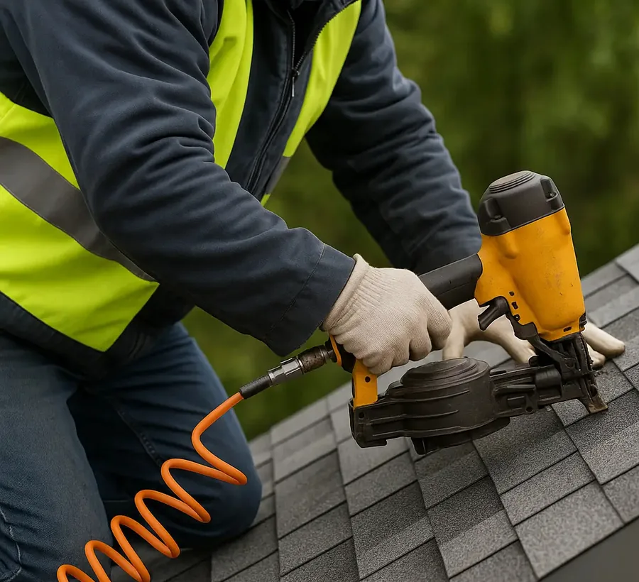 Roofer installing asphalt shingles with a nail gun