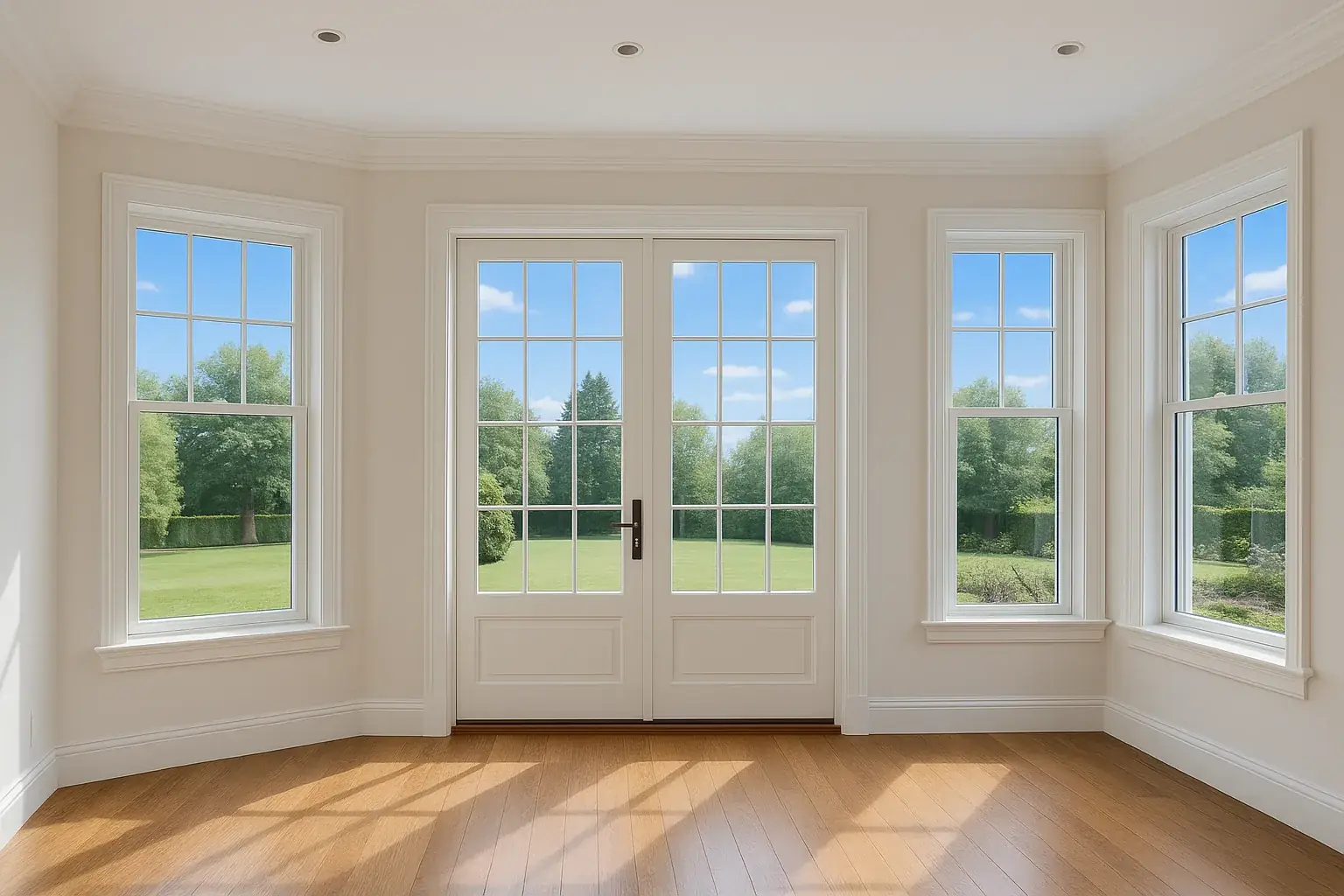 Bright room with new white French doors and energy-efficient windows